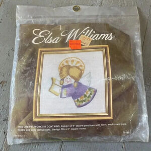 VTG Elsa Williams Violet Angel Crewel Embroidery Kit Picture Panel Wool 5” Squar